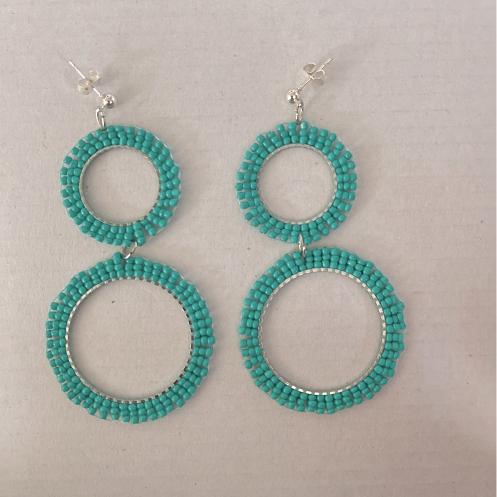Blue Turquoise Double Hoop Beaded Dangle Earrings